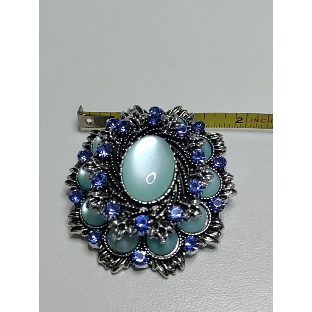 Oval 2 Tone Blue Rhinestone Brooch Fashion Brooch 2" X 1.75" 2 Layer - Picture 5 of 5